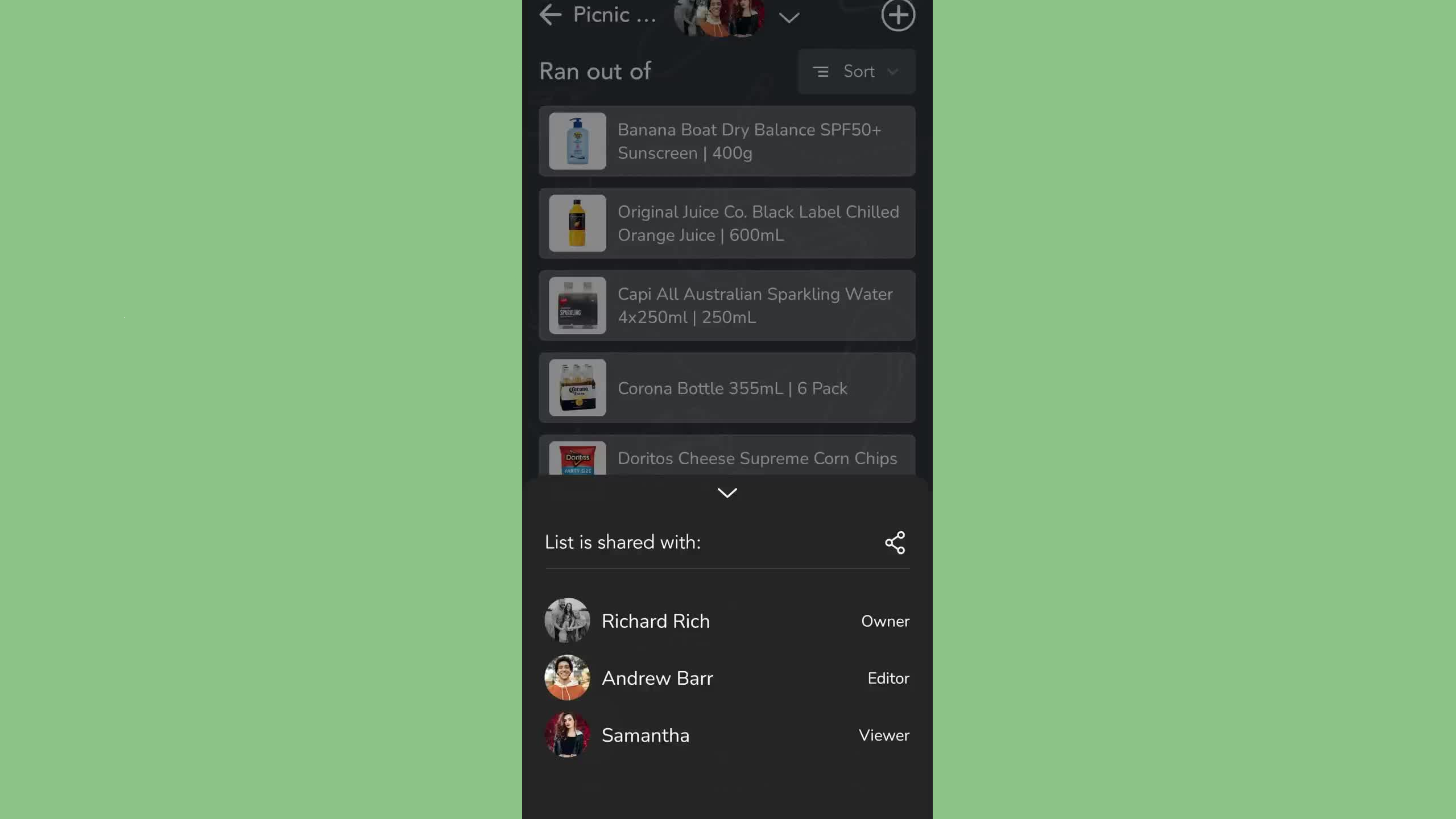 App interface showing collaboration or shared lists