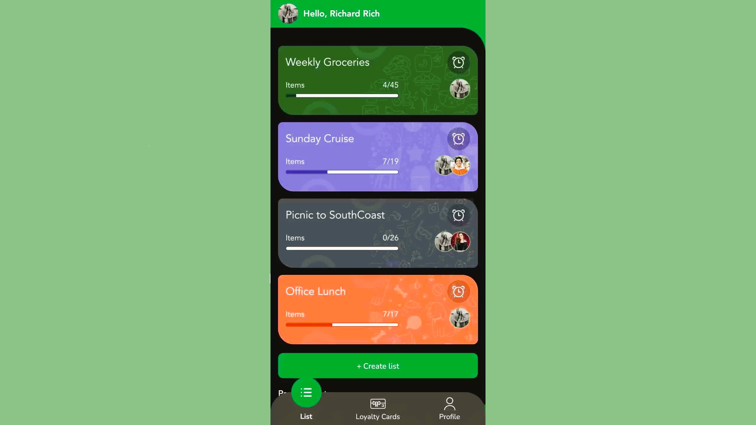 Application dashboard showing lists